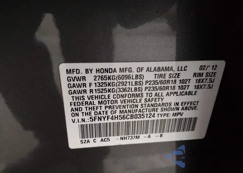 2012 Honda Pilot Ex-L from USA, damaged, VIN 5FNYF4H56CB035124